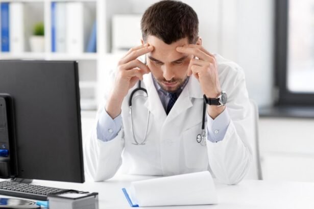 Stresszes orvos dolgozik az irodájában számítógép előtt.