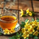 Kankalintea csésze virágokkal egy fából készült asztalon