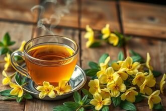 Kankalintea csésze virágokkal egy fából készült asztalon