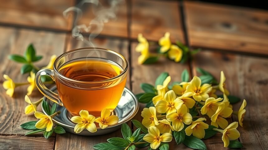 Kankalintea csésze virágokkal egy fából készült asztalon