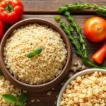 Egészséges bulgur és friss zöldségek a tányérokon, ideális étrendhez