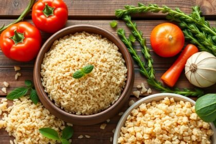 Egészséges bulgur és friss zöldségek a tányérokon, ideális étrendhez