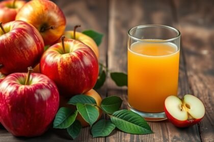 Friss, vörös almák és egy pohár 100% almalé