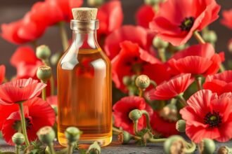 Mákolaj palack vörös mák virágok között.