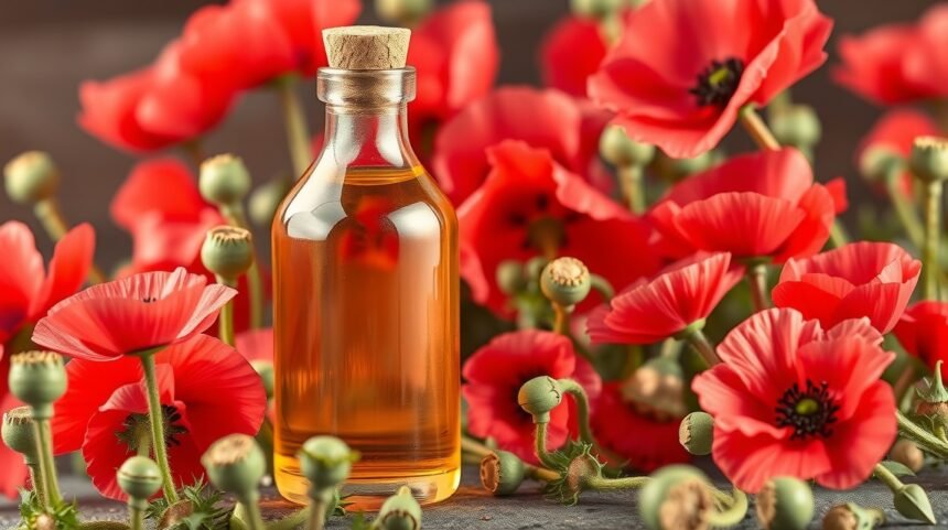 Mákolaj palack vörös mák virágok között.