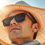 Fiatal férfi napszemüvegben és kalapban, a napfényben.