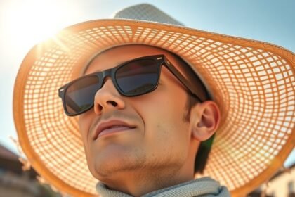 Fiatal férfi napszemüvegben és kalapban, a napfényben.