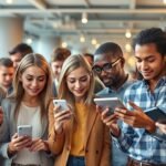 Fiatalok mobiltelefonokat használnak, modern reklámstratégiák kontextusában.