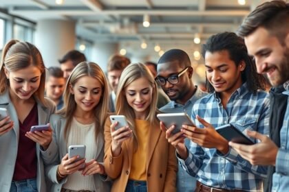 Fiatalok mobiltelefonokat használnak, modern reklámstratégiák kontextusában.