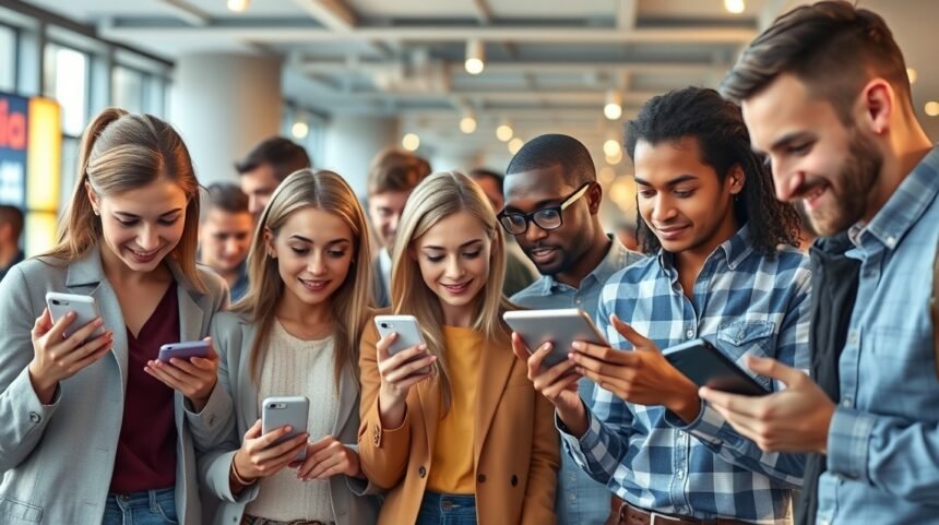 Fiatalok mobiltelefonokat használnak, modern reklámstratégiák kontextusában.