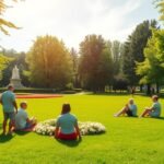 Emberek pihennek a természetben, friss levegővel körülvéve.