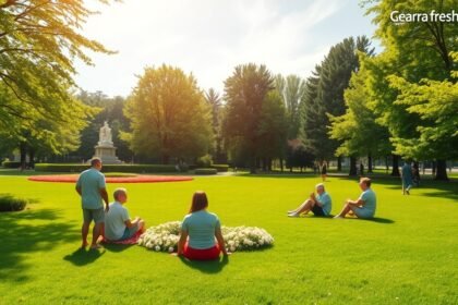Emberek pihennek a természetben, friss levegővel körülvéve.