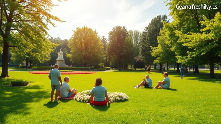 Emberek pihennek a természetben, friss levegővel körülvéve.