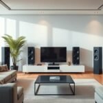 Modern nappali elektrosztatikus hangfalakkal és minimalista bútorokkal.