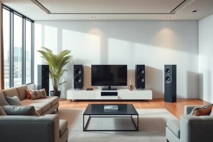 Modern nappali elektrosztatikus hangfalakkal és minimalista bútorokkal.