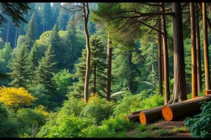 Erdő táj, fák, és vágott fatörzsek a természetes környezetben.