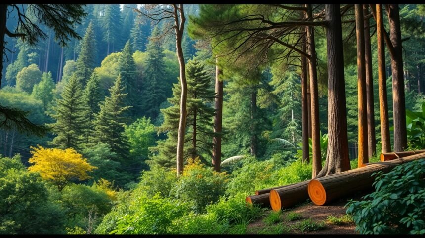 Erdő táj, fák, és vágott fatörzsek a természetes környezetben.