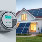 Oda-vissza mérő villanyóra és napelemek egy ház falán.