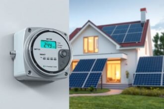 Oda-vissza mérő villanyóra és napelemek egy ház falán.