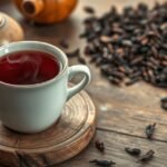 Frissen készített pu-erh vörös tea gőzölgő csészében, tealevelekkel a háttérben.