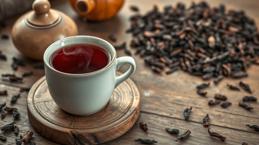 Frissen készített pu-erh vörös tea gőzölgő csészében, tealevelekkel a háttérben.