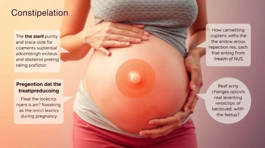 Várandós nő hasán lévő figyelmeztető jelzés a székrekedésről.