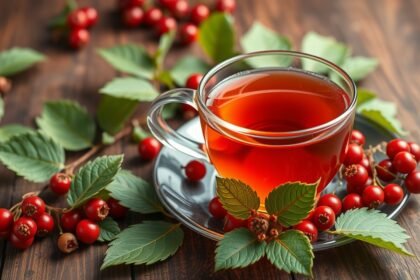Galagonya tea served in a glass cup with red berries and leaves