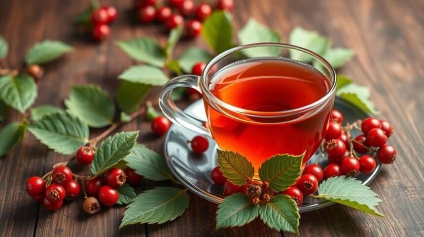 Galagonya tea served in a glass cup with red berries and leaves