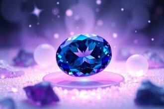 Tanzanit kő varázslatos fényben, a spirituális átalakulás szimbóluma