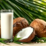 Friss kókusztej pohár, kókuszdiókkal és zöld levelekkel.