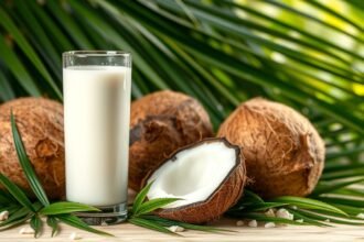 Friss kókusztej pohár, kókuszdiókkal és zöld levelekkel.