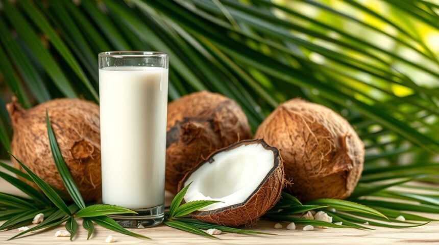 Friss kókusztej pohár, kókuszdiókkal és zöld levelekkel.