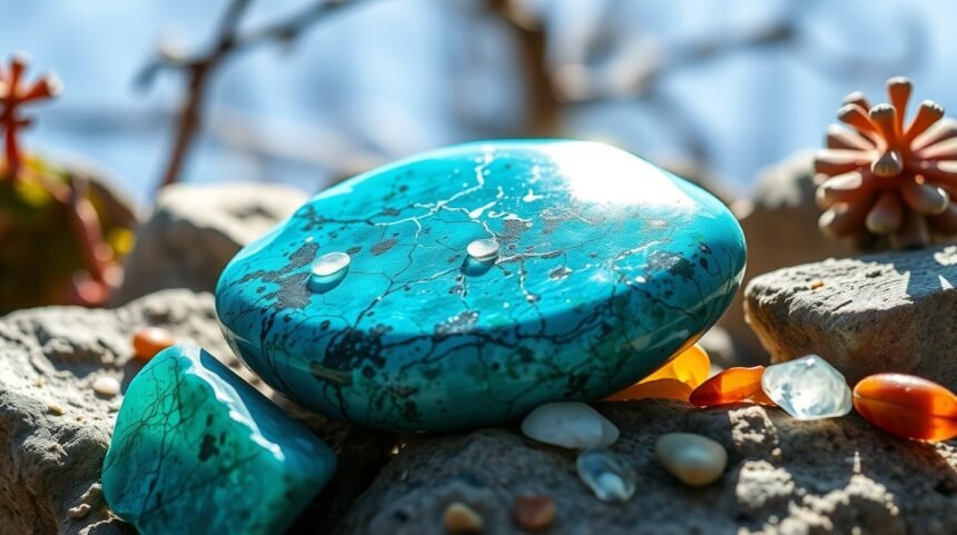 Krizokolla kövek természeti környezetben napsütésben