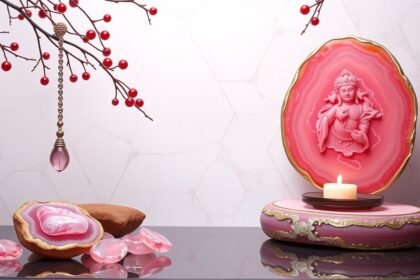 Rózsaszín achát és gyertyatartó szívcsakra-harmonizáló dekoráció