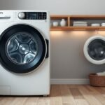 Inverteres mosógép modern konyhában, energiatakarékos megoldásokkal.