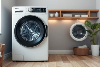 Inverteres mosógép modern konyhában, energiatakarékos megoldásokkal.