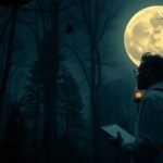 Férfi a telihold alatt, sötét erdőben, jegyzetel.