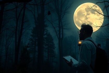 Férfi a telihold alatt, sötét erdőben, jegyzetel.