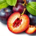 Friss szilva és levelek, egészséges táplálkozás elősegítésére.