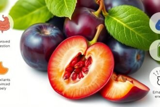 Friss szilva és levelek, egészséges táplálkozás elősegítésére.