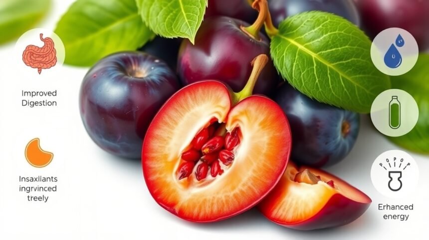 Friss szilva és levelek, egészséges táplálkozás elősegítésére.