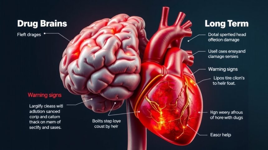 Az amfetamin hatásai a szívre és az agyra, figyelmeztető jelekkel.