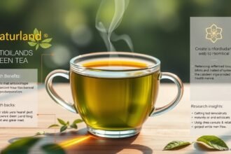 Naturland zöld tea csésze, egészségügyi előnyökkel és antioxidánsokkal.