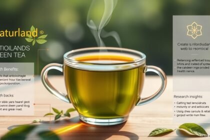 Naturland zöld tea csésze, egészségügyi előnyökkel és antioxidánsokkal.