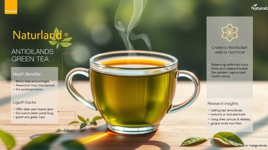 Naturland zöld tea csésze, egészségügyi előnyökkel és antioxidánsokkal.