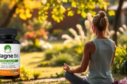 Magne B6 étrend-kiegészítő stresszcsökkentéshez, meditáló nő a természetben