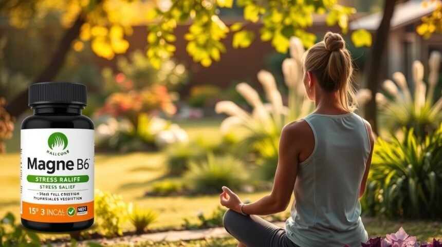 Magne B6 étrend-kiegészítő stresszcsökkentéshez, meditáló nő a természetben