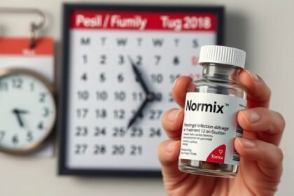 Normix gyógyszer bélfertőzés kezelésére, kézben tartva.