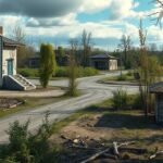 Csernobili terület, sugárzásra figyelmeztető táblákkal.