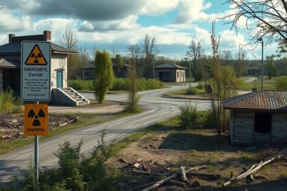 Csernobili terület, sugárzásra figyelmeztető táblákkal.